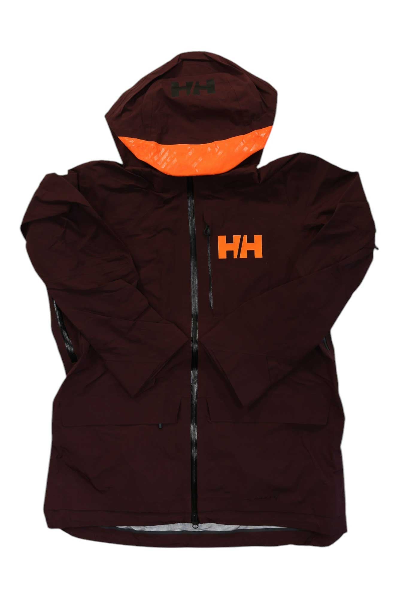 The Helly Hansen Mens Ridge Infinity Shell Jacket in maroon features a front zipper, orange HH chest logo, and orange hood lining. Displayed flat on a white background, it's a waterproof jacket perfect for outdoor enthusiasts.