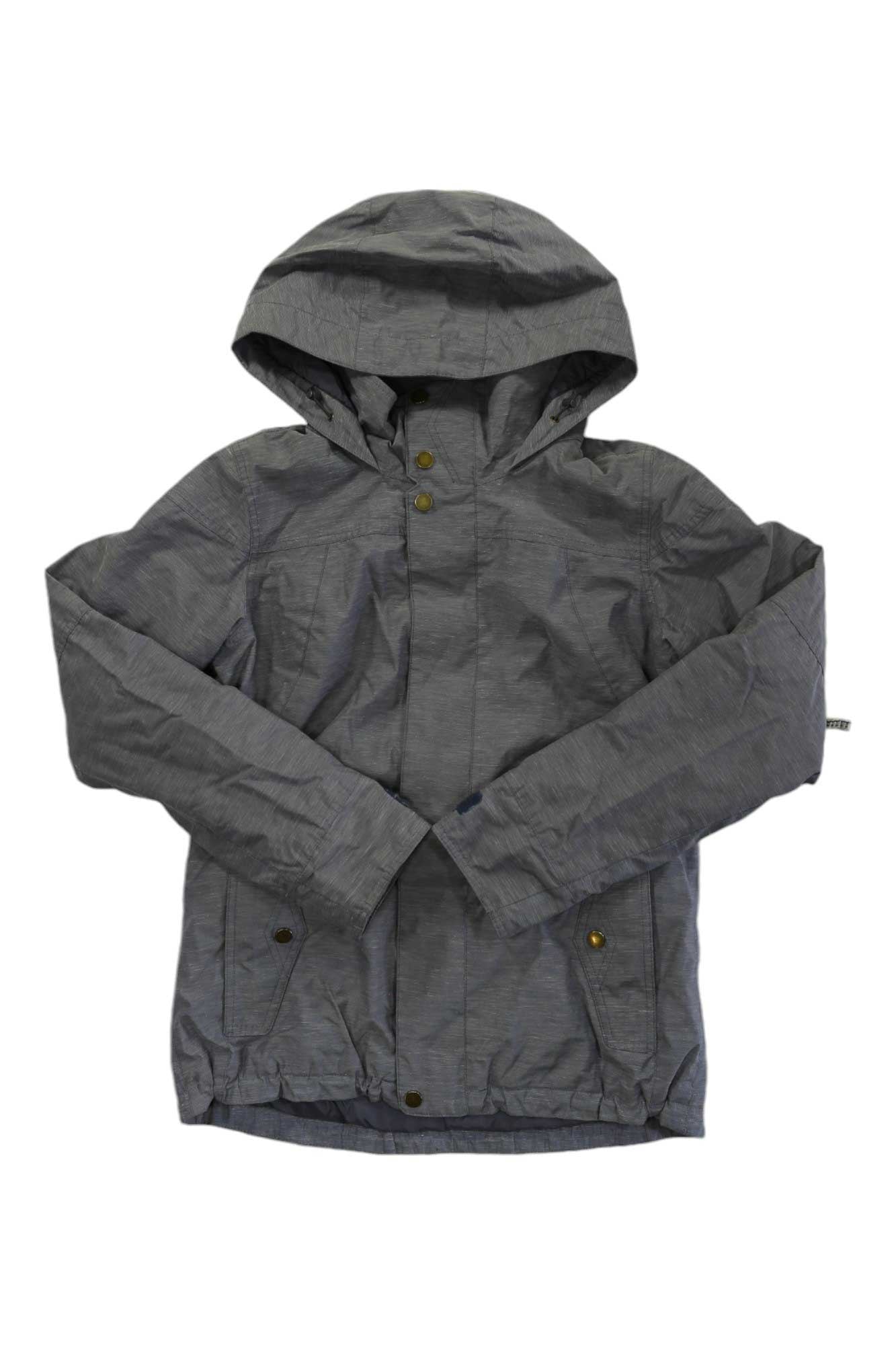 The Burton Womens Jet Set Jacket is a gray, waterproof, insulated jacket for women with long sleeves, front snap buttons, and two side pockets. Made from recycled materials for comfort and sustainability; shown laid flat on a white background.
