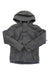 The Burton Womens Jet Set Jacket is a gray, waterproof, insulated jacket for women with long sleeves, front snap buttons, and two side pockets. Made from recycled materials for comfort and sustainability; shown laid flat on a white background.