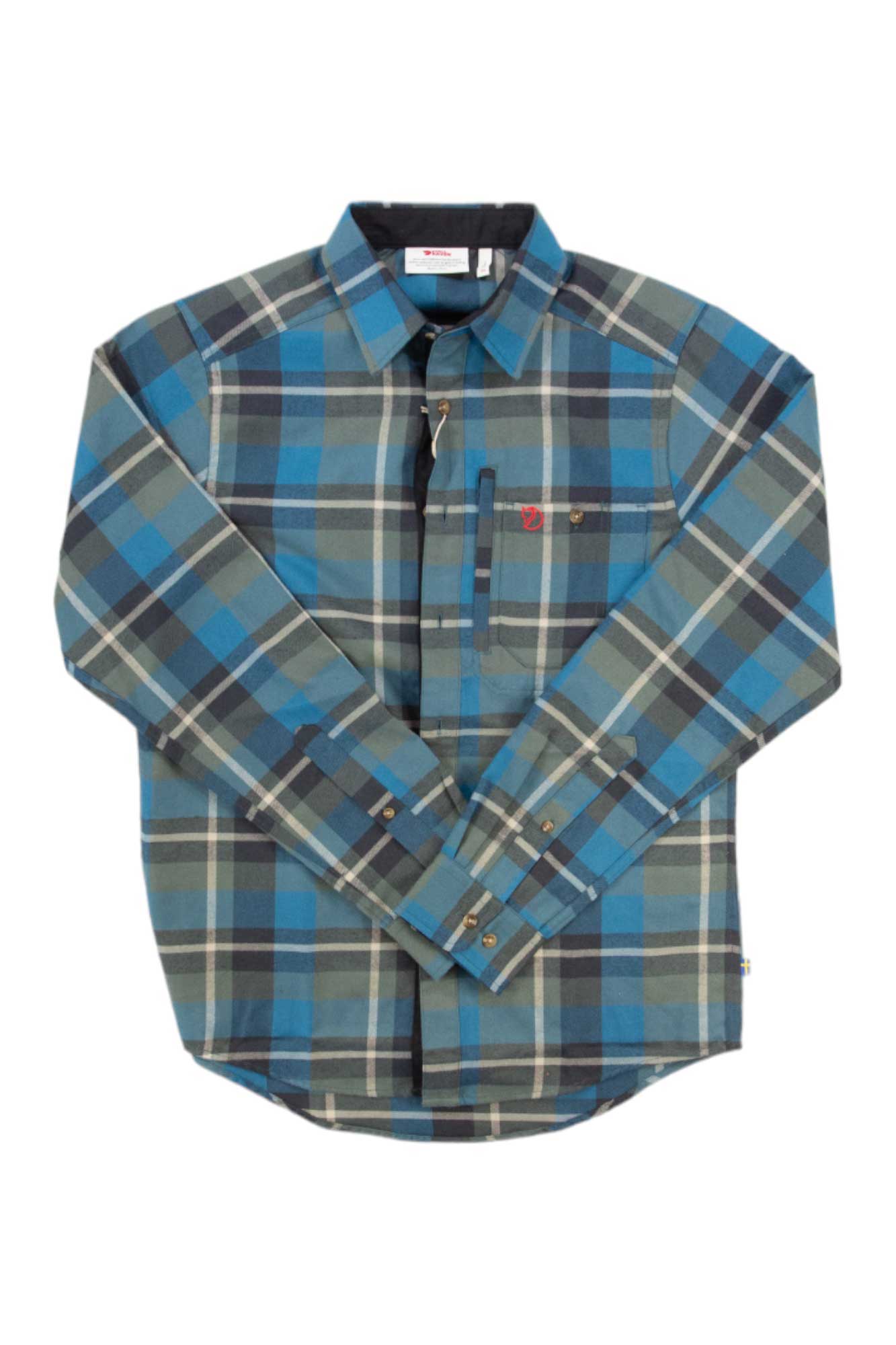 The Fjallraven Mens Fjallglim Shirt is a long sleeve, button-up flannel in blue, green, gray, and white plaid, featuring a front chest pocket, spread collar, and moisture-wicking comfort for all-day wear.