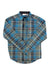 The Fjallraven Mens Fjallglim Shirt is a long sleeve, button-up flannel in blue, green, gray, and white plaid, featuring a front chest pocket, spread collar, and moisture-wicking comfort for all-day wear.