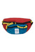 Mountain waist pack with red and blue panels, yellow braided zipper pull, logo patch