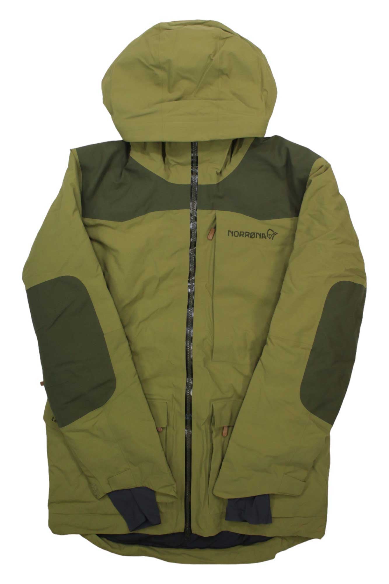 Men's Norrona GTX Thermo80 jacket, olive green with dark cuffs and side panels, hood