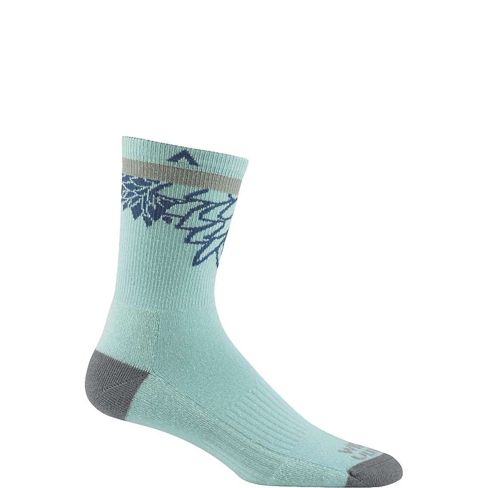 Light teal crew socks with dark blue scenic pattern, smooth knit cuff