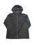 A dark gray Boys Oakes Hoody, featuring long sleeves, a hood, and a zip-up front, made of polyester fleece with a small rectangular Patagonia logo on the left chest, is laid flat on a white background.