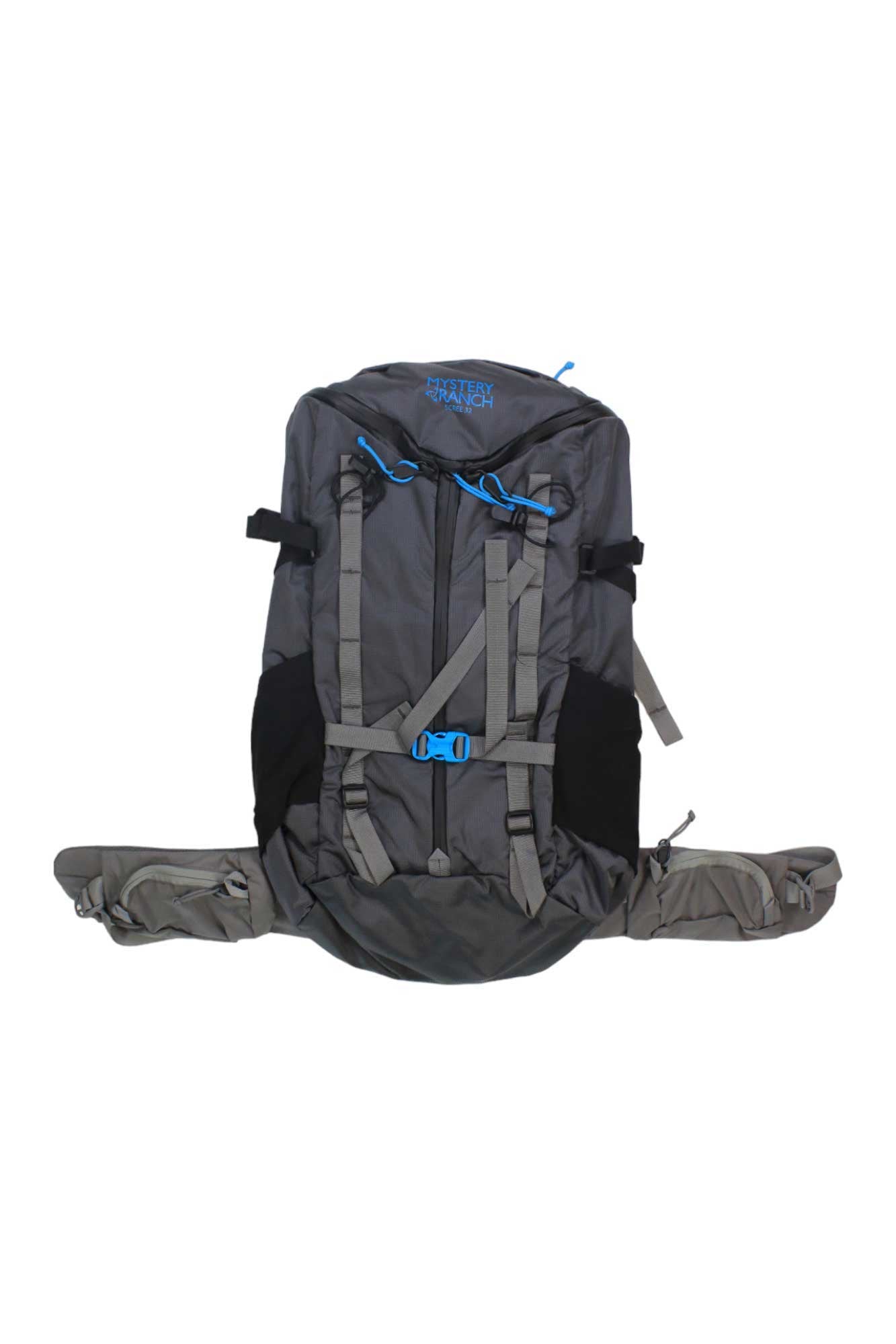 Gray hiking backpack with front zip, webbing straps, and gray panel details