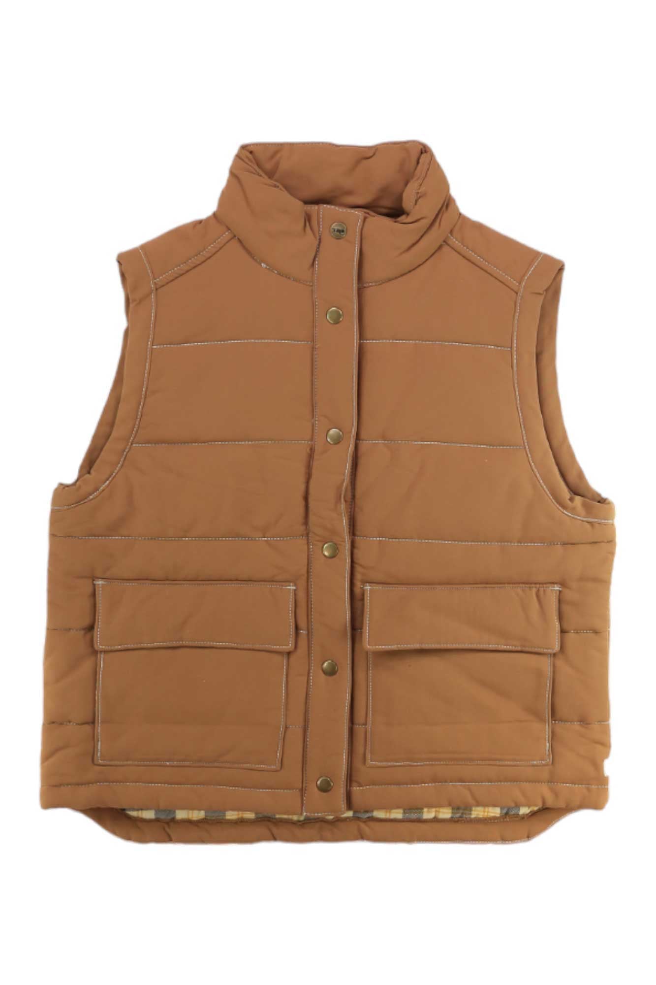 The Toad & Co Women's Forester Pass Vest is a brown, quilted, water-resistant vest with a stand collar, snap buttons, front flap pockets, visible stitching, windproof design, and a slightly curved hem.