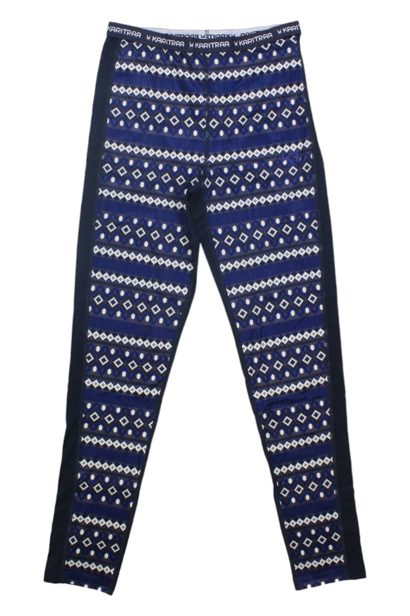 The Kari Traa Women's Lune Pant is a pair of navy blue leggings featuring vertical side panels with white and light blue geometric patterns, 4-way stretch for comfort, and a waistband repeatedly printed with KARI TRAA.