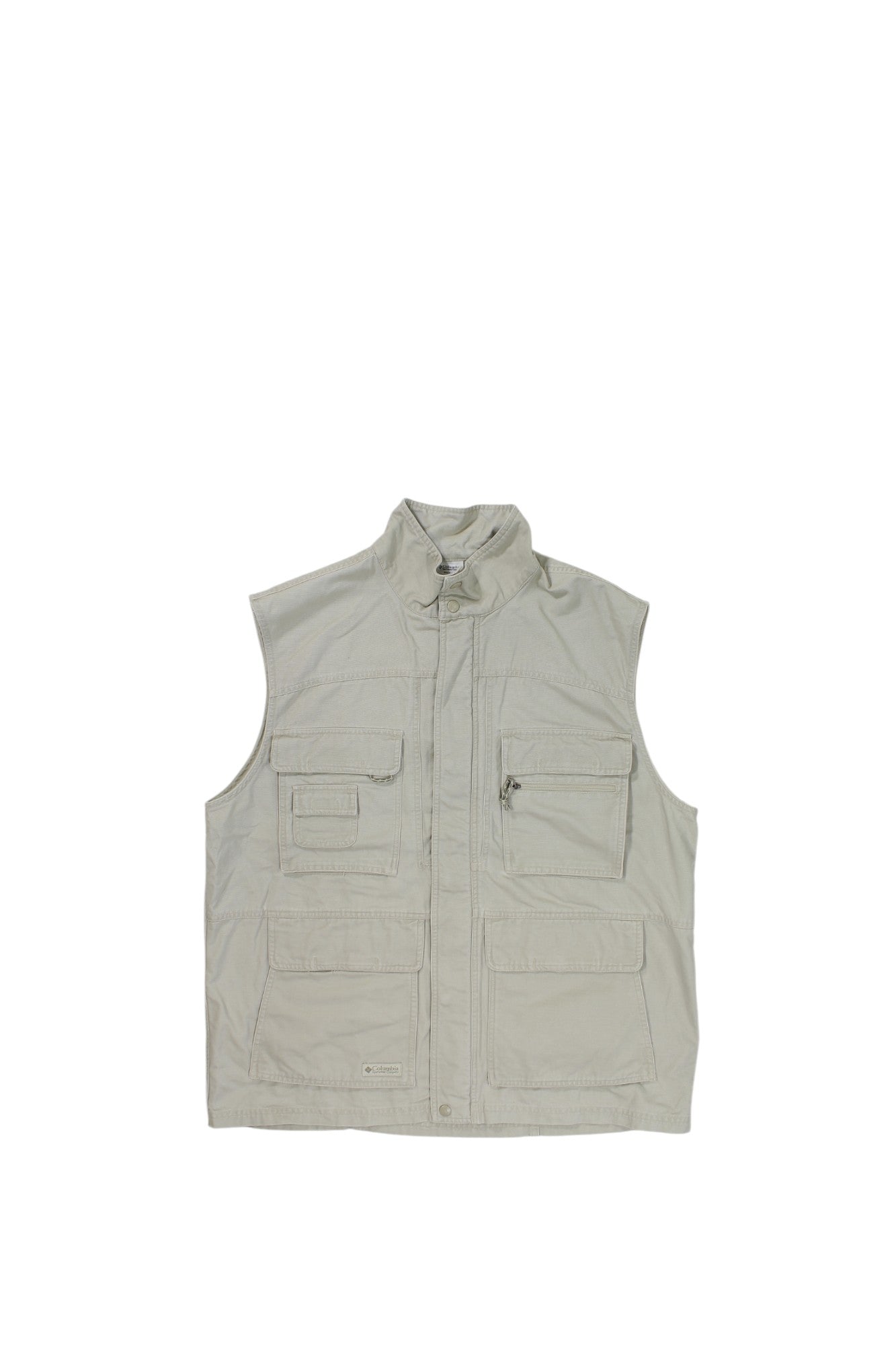 The Columbia Men's Utility Vest is a light gray, sleeveless outdoor vest with a standing collar and multiple front pockets, both zippered and flap styles, shown on a plain white background.