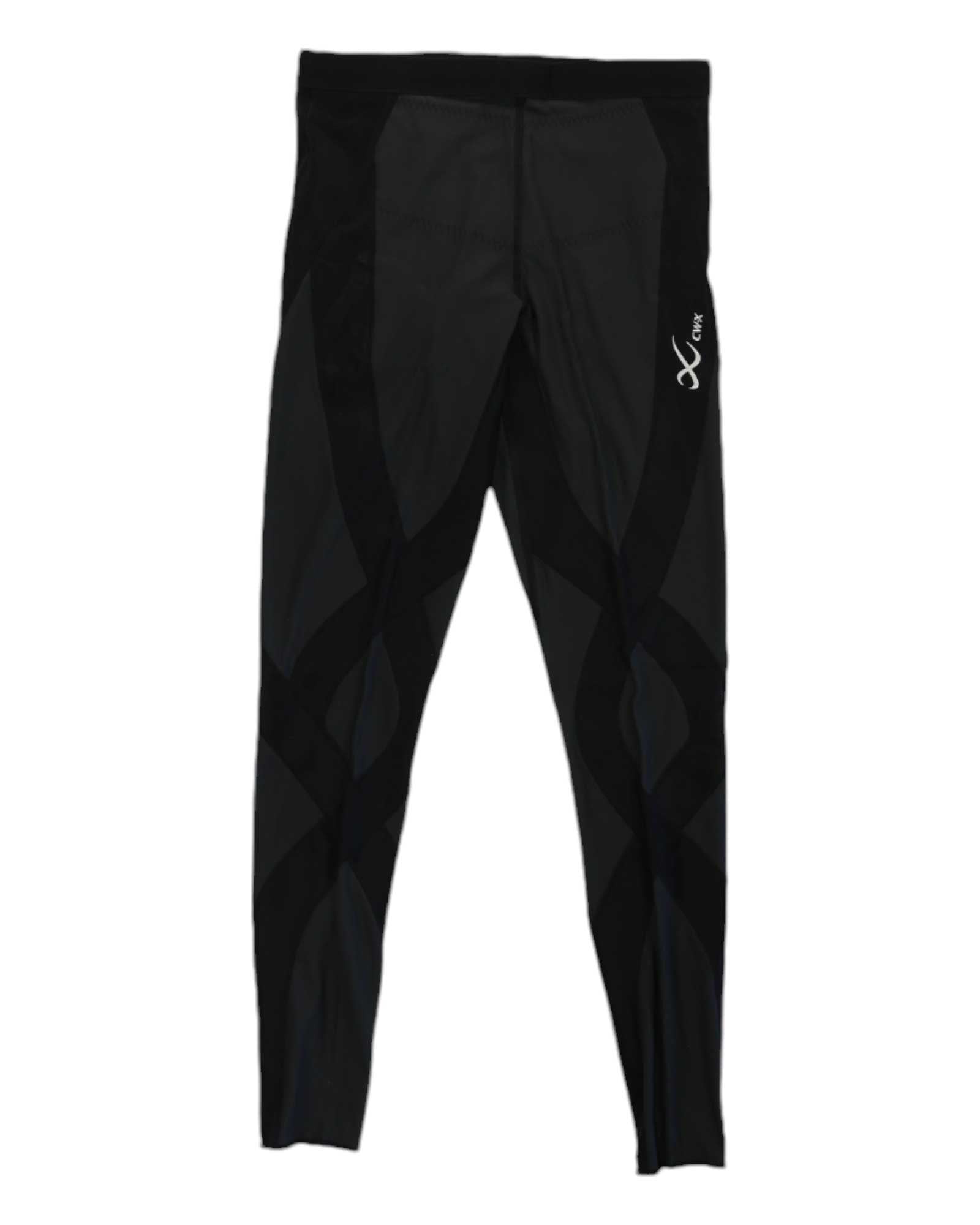 A pair of CW-X Womens Endurance Generator Insulator Joint & Muscle Support Compression Tights in black with dark grey accents and a small white logo, featuring moisture-wicking fabric, laid flat on a white background.