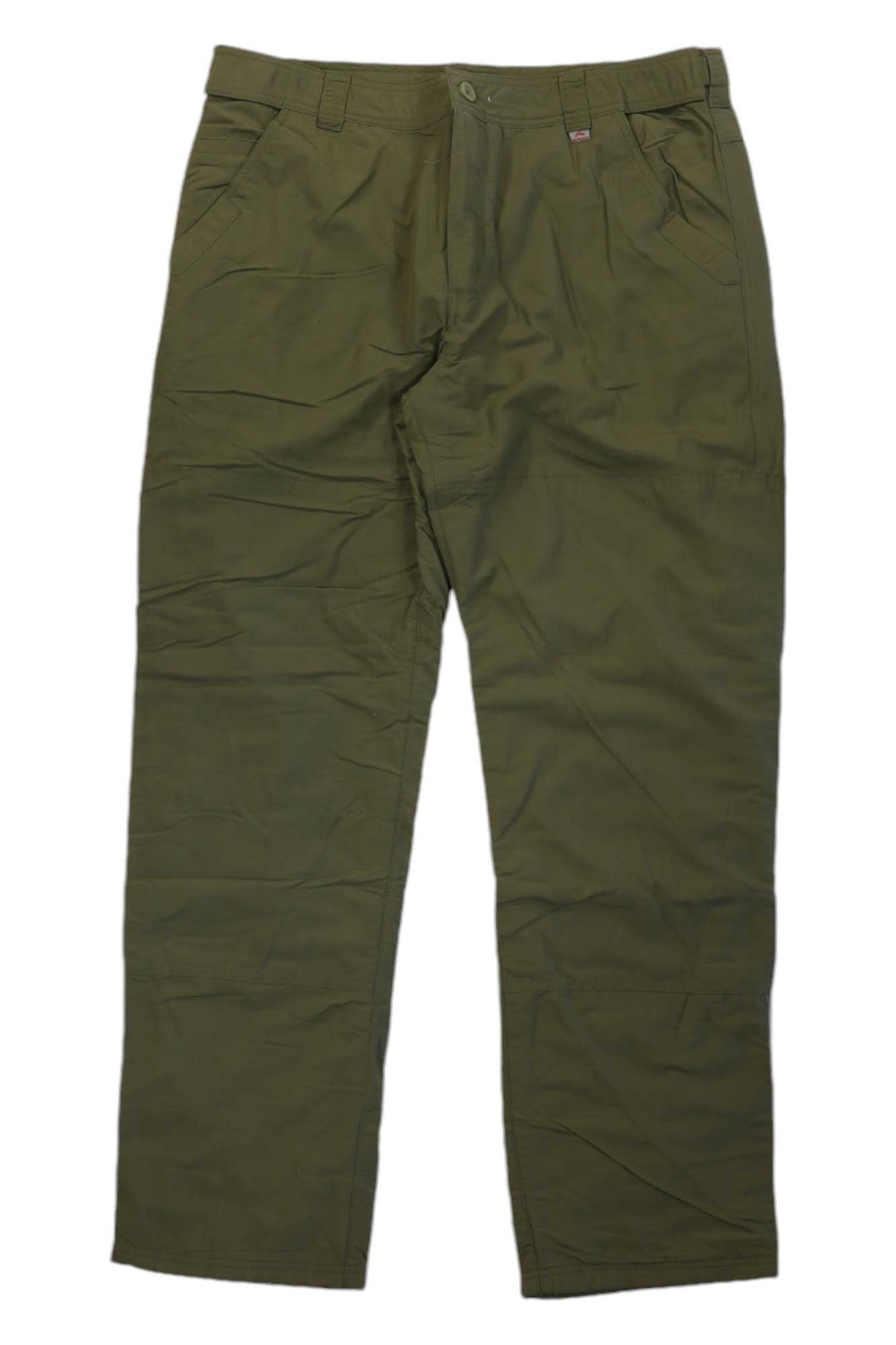 The Simms Mens ColdWeather Pant in olive green features water-resistant fabric, straight legs, side pockets, belt loops, and a button waist closure, shown against a white background.