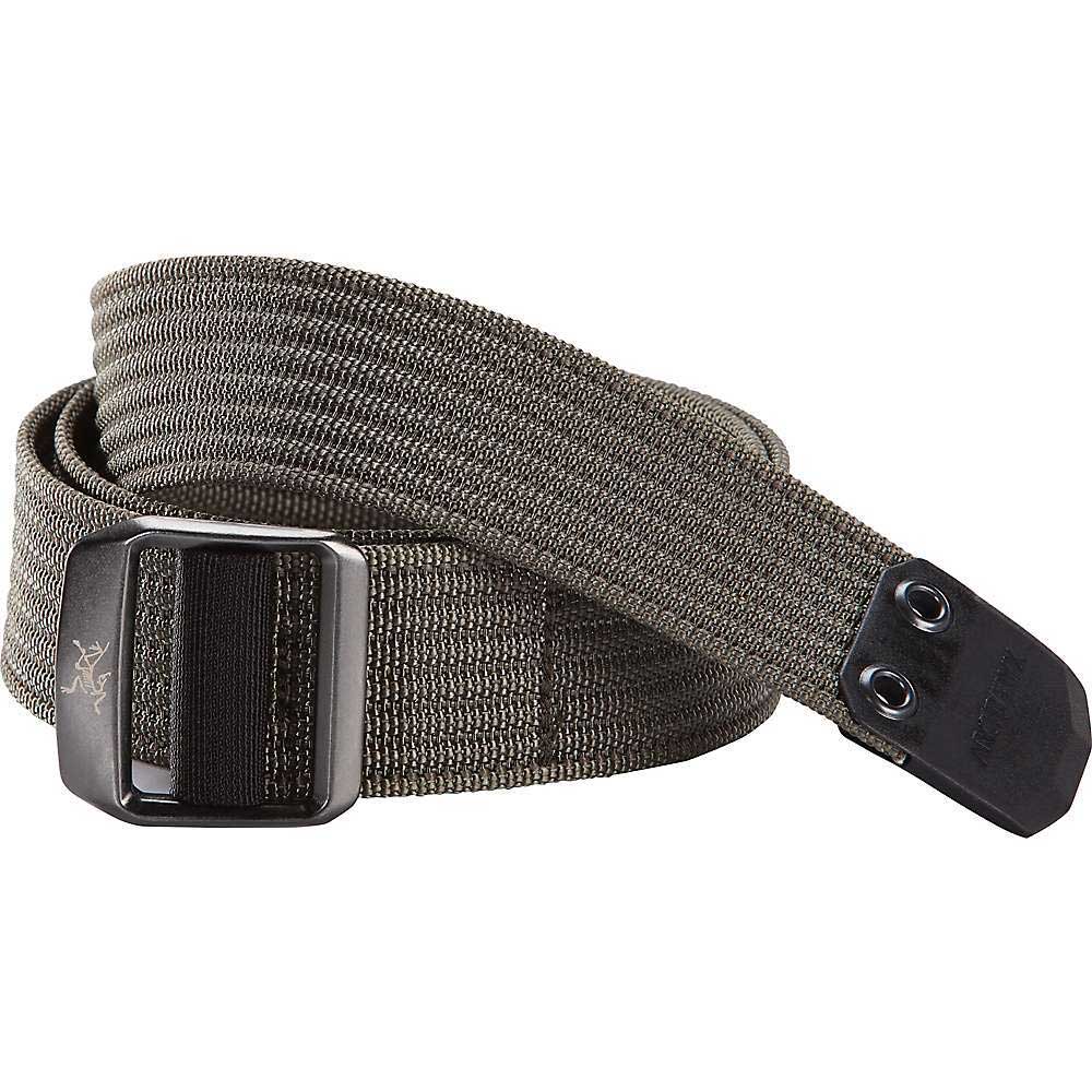 Gray fabric belt with black rectangular buckle and adjustable end strap.