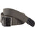 Gray fabric belt with black rectangular buckle and adjustable end strap.