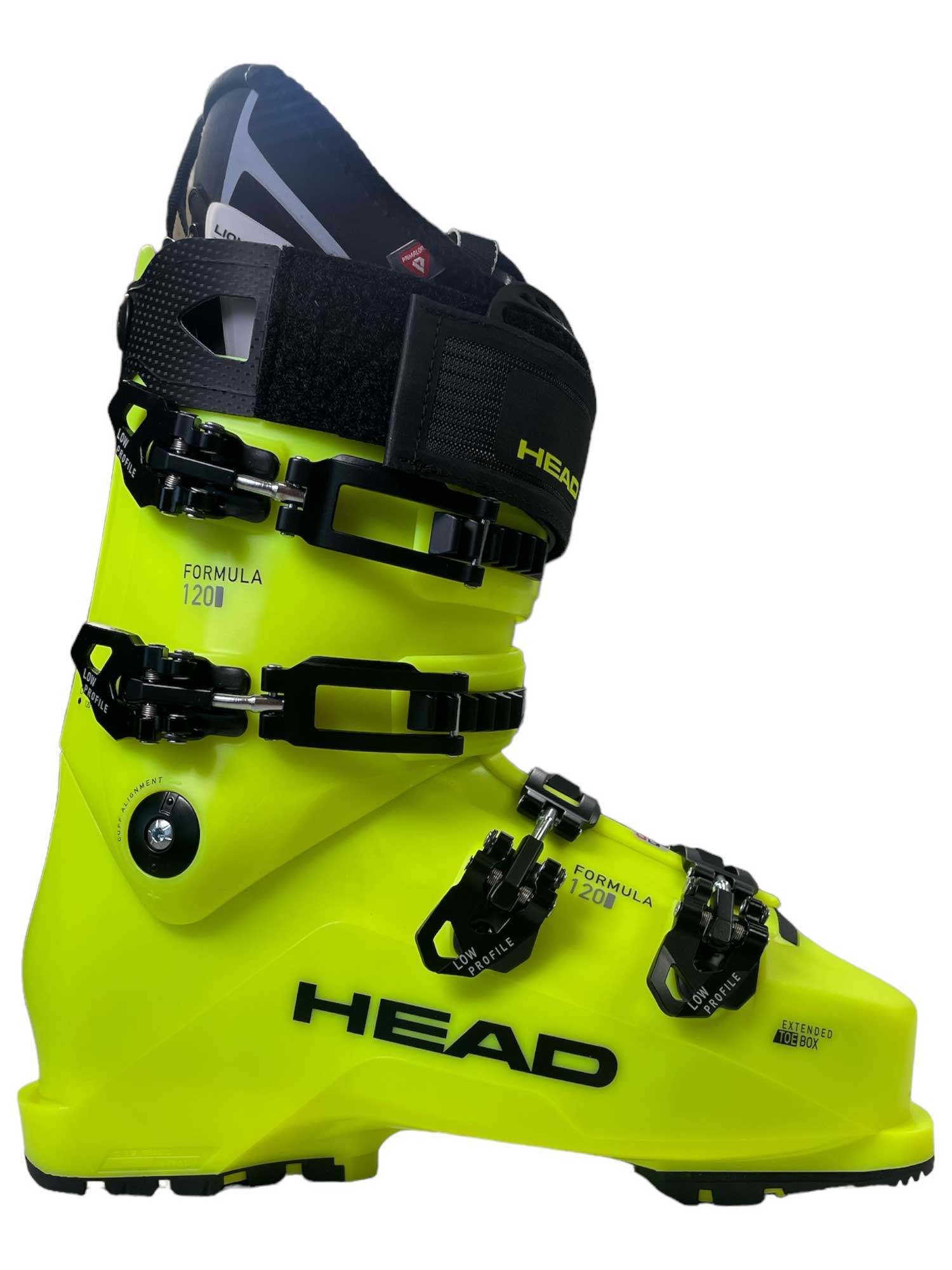 The Head Formula 120 GW Mens Ski Boots are shown in bright yellow with black buckles and a Velcro strap, side profile on a white background. They feature GripWalk soles for improved walking comfort.