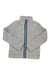 The Toad & Co Womens Sespe Sherpa Zip Jacket is a light gray zip-up with a high collar and blue-trimmed zipper, shown laid flat on a white background.