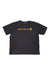 A Carhartt Men's Loose Fit Heavyweight Short Sleeve Logo Graphic T-Shirt in black, featuring the iconic yellow logo on the chest, is laid flat on a white background.