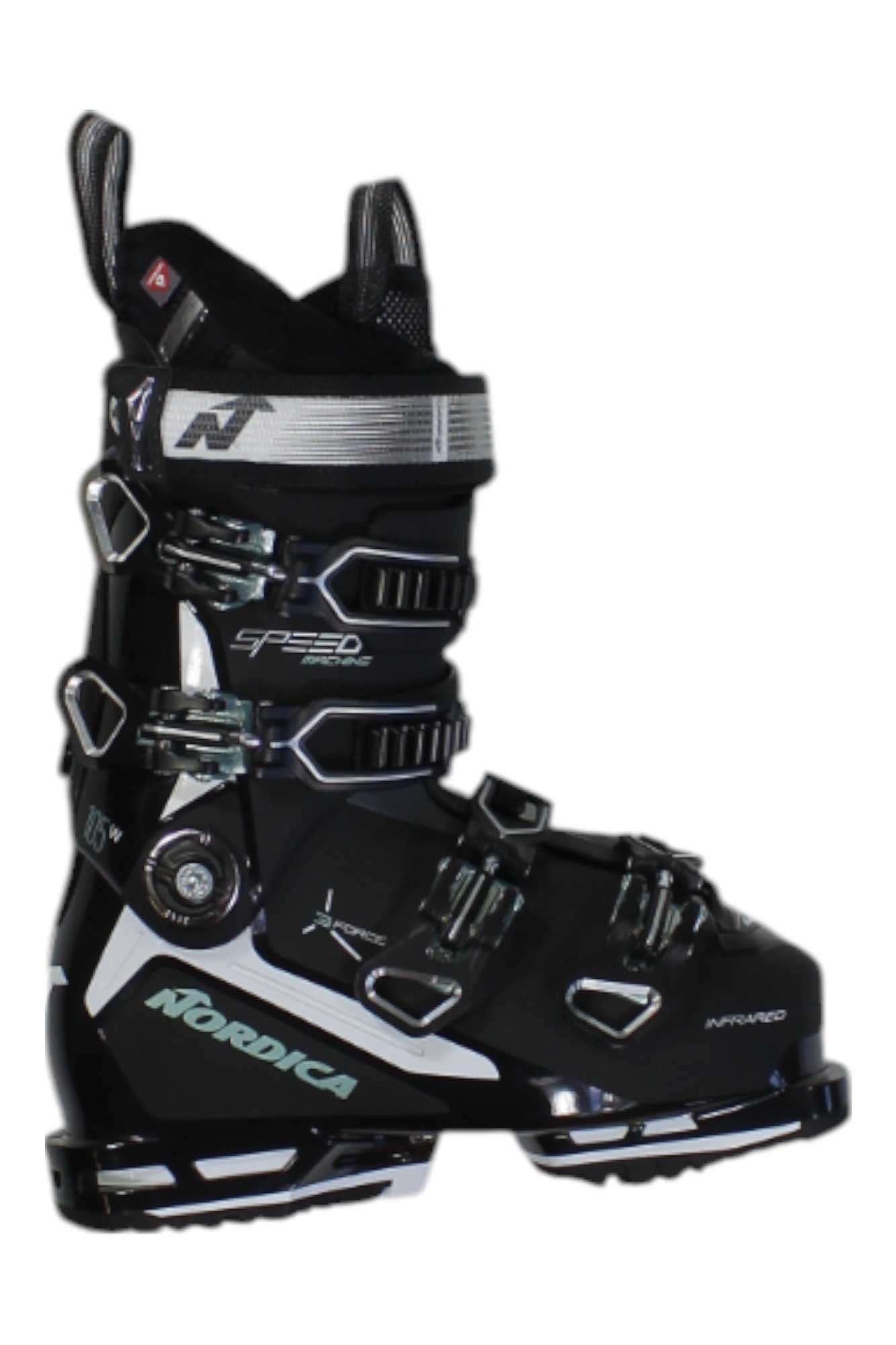 Women’s Speedmachine ski boot in black with white accents