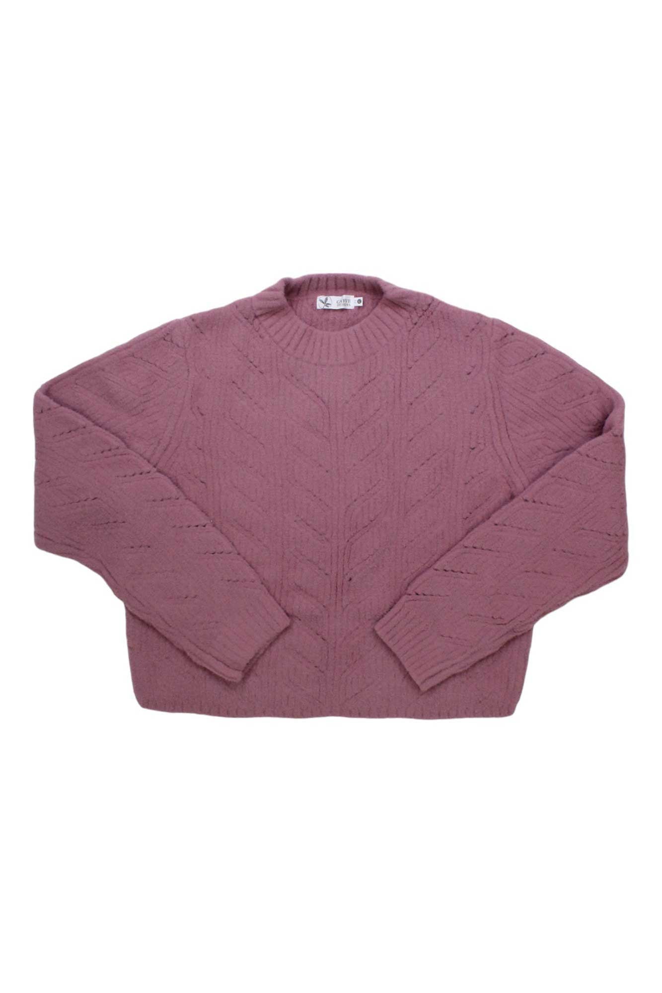 The Carve Designs Womens Monroe Sweater in mauve is a long-sleeve, chunky knit with a ribbed crew neck and subtle chevron pattern on the front, shown laid flat on a white background.