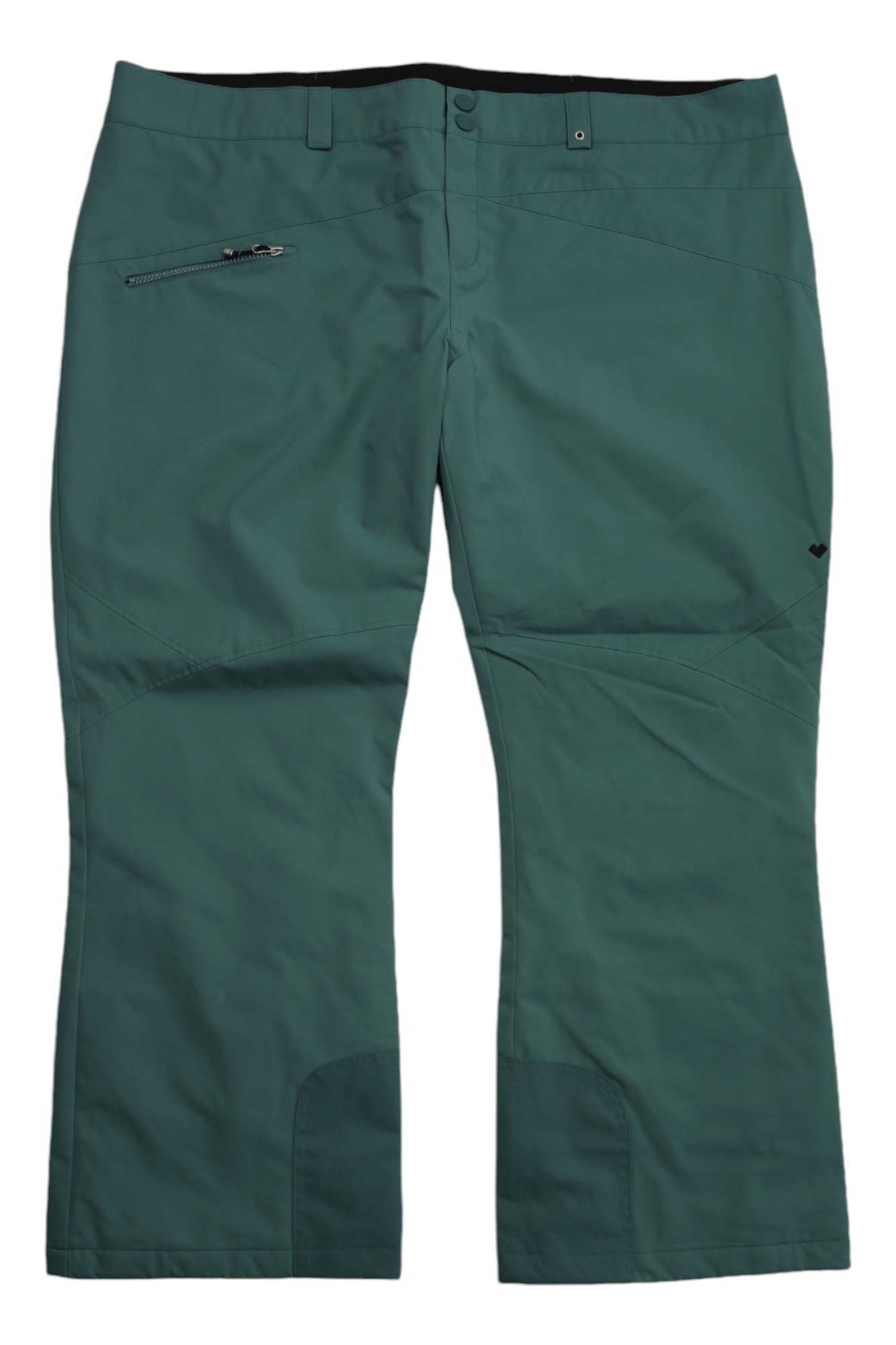 The Obermeyer Womens Malta Pant, green waterproof outdoor pants with a zippered left pocket, black waistband lining, and reinforced knees and ankles, ideal for skiing, shown laid flat on a white background.