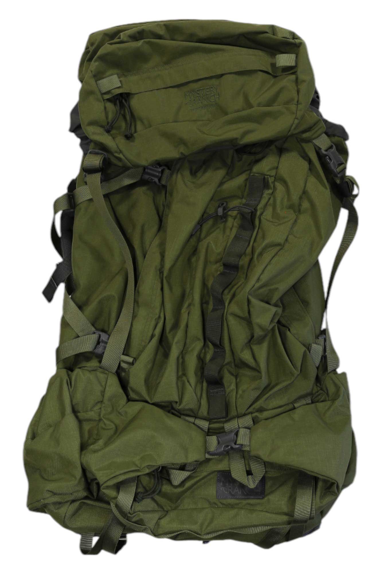 Mystery Ranch Terraplane 83L backpack in olive-green and black, front zip panel, side straps.