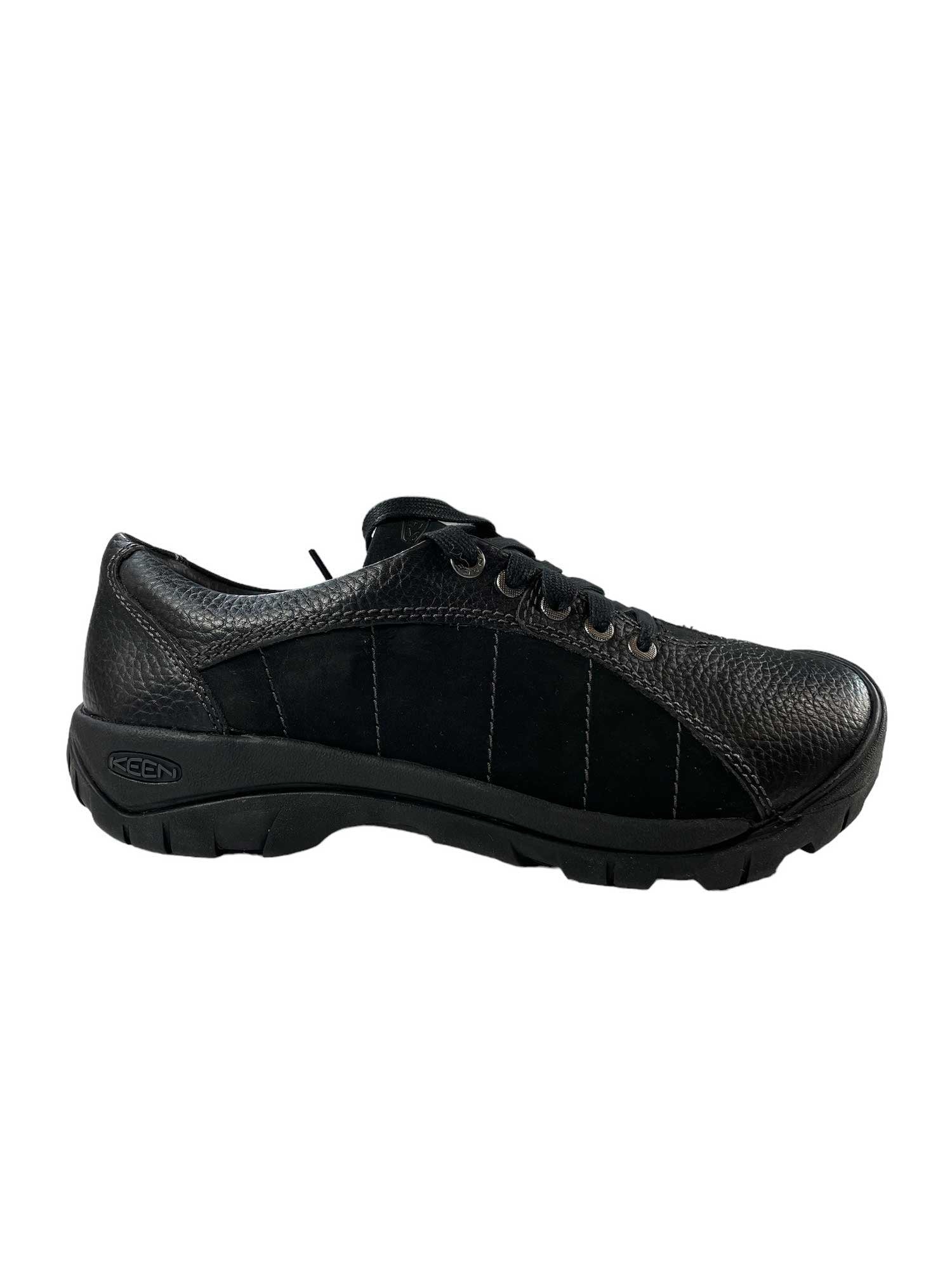 Black lace-up casual sneaker with stitched overlays and thick rubber traction sole