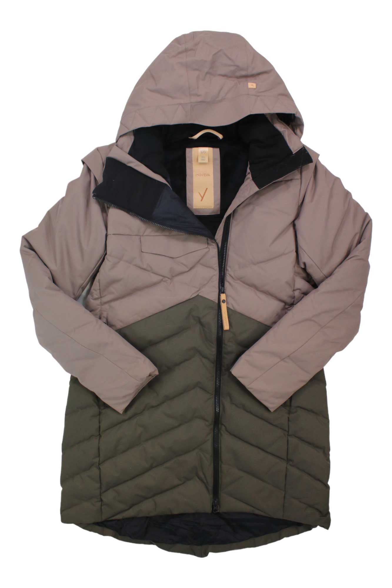 The Indyeva Womens Ayaba II Jacket is a two-toned, hooded water-resistant jacket with light gray on top and olive green on the bottom, featuring a front zipper, hanging loop, and a tan tag near the collar.