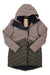 The Indyeva Womens Ayaba II Jacket is a two-toned, hooded water-resistant jacket with light gray on top and olive green on the bottom, featuring a front zipper, hanging loop, and a tan tag near the collar.