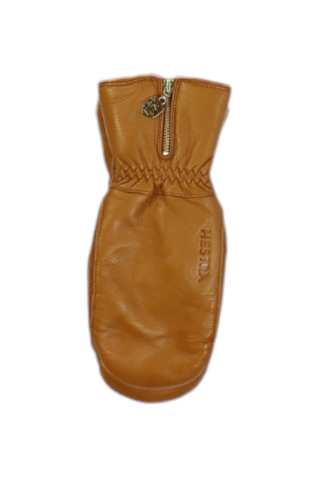 The Hestra Leather Swisswool Classic Mitt is a single tan leather mitten with visible stitching, a zipper at the wrist, Swisswool insulation, and the Hestra logo embossed, shown on a white background.