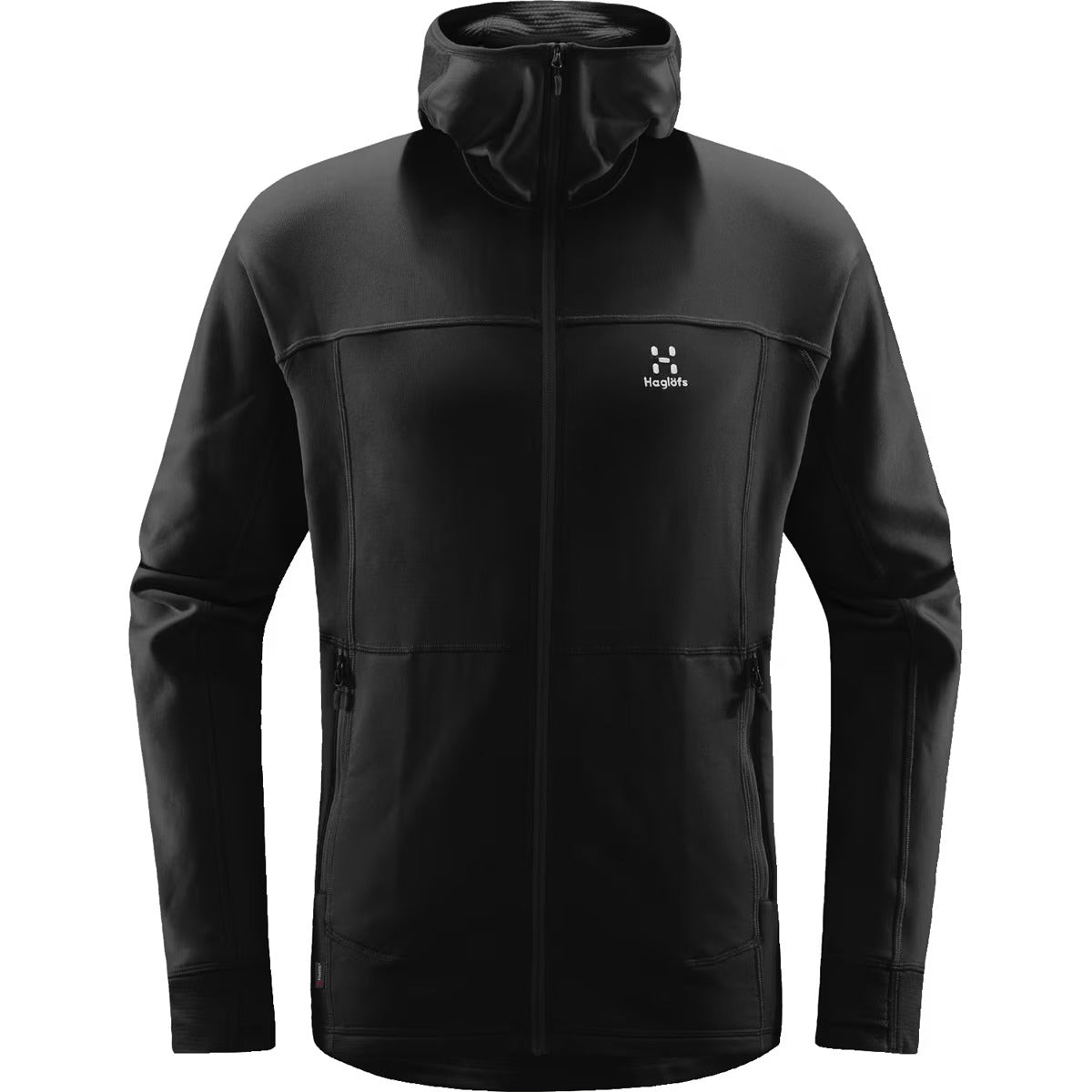 The Haglofs Betula Full Zip Hoody is a black Polartec Power Dry hoodie with long sleeves, front zipper, two zippered side pockets, and logo on the left chest. Its minimalist design makes it an ideal hiking mid-layer.