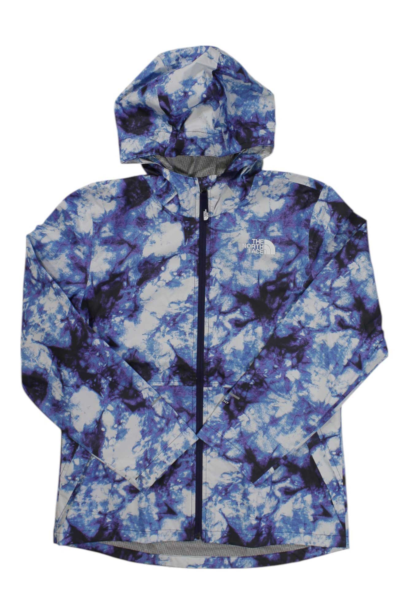 The North Face Girls Printed Alta Vista Rain Jacket is hooded and waterproof, with a blue and white abstract pattern, front zipper, long sleeves, relaxed fit for comfort, and The North Face logo on the chest.