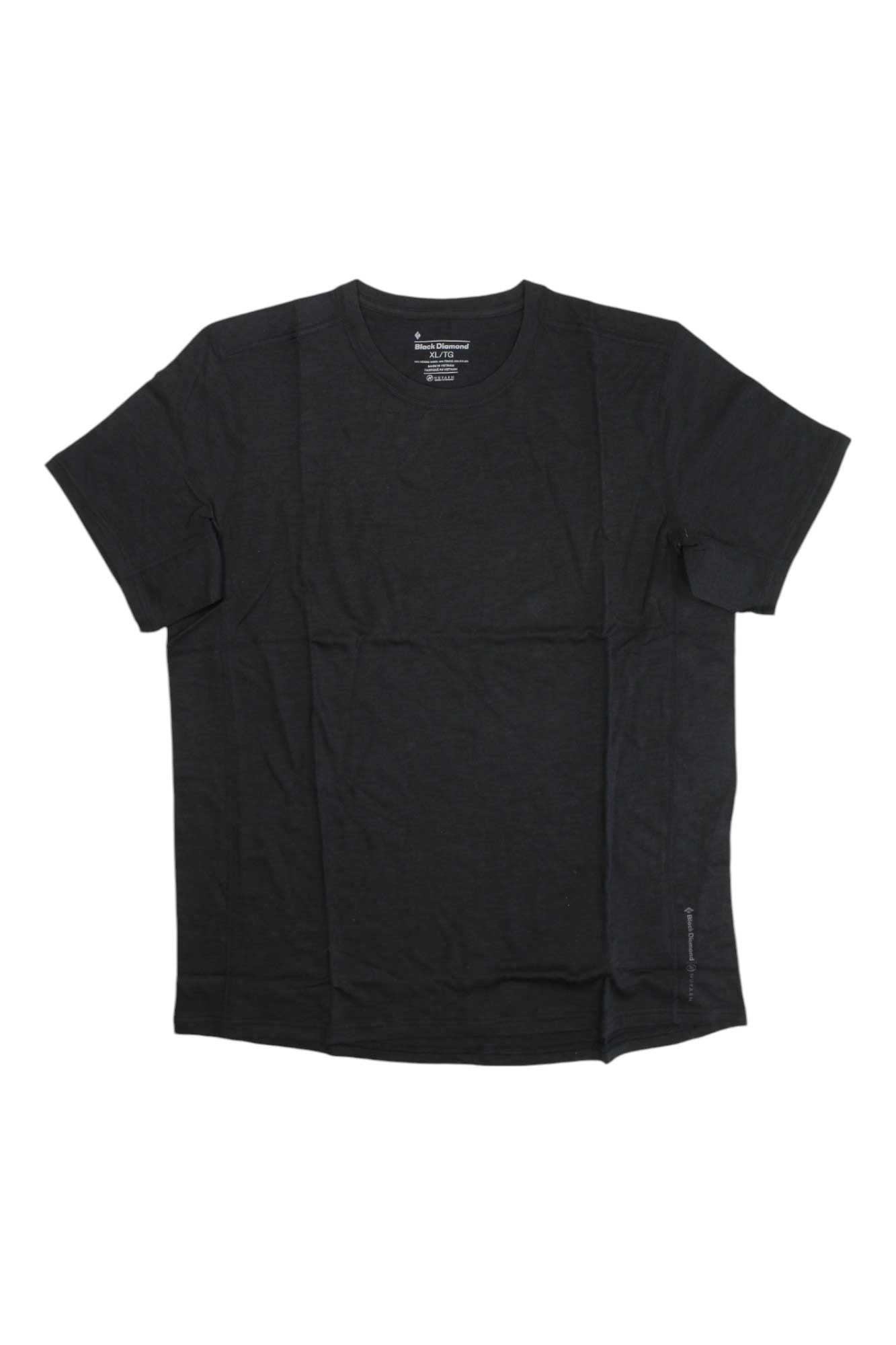The Black Diamond Mens Flux Shirt is a plain black short-sleeve crew neck tee, shown laid flat on a white background—perfect as a moisture-wicking shirt for outdoor adventures.