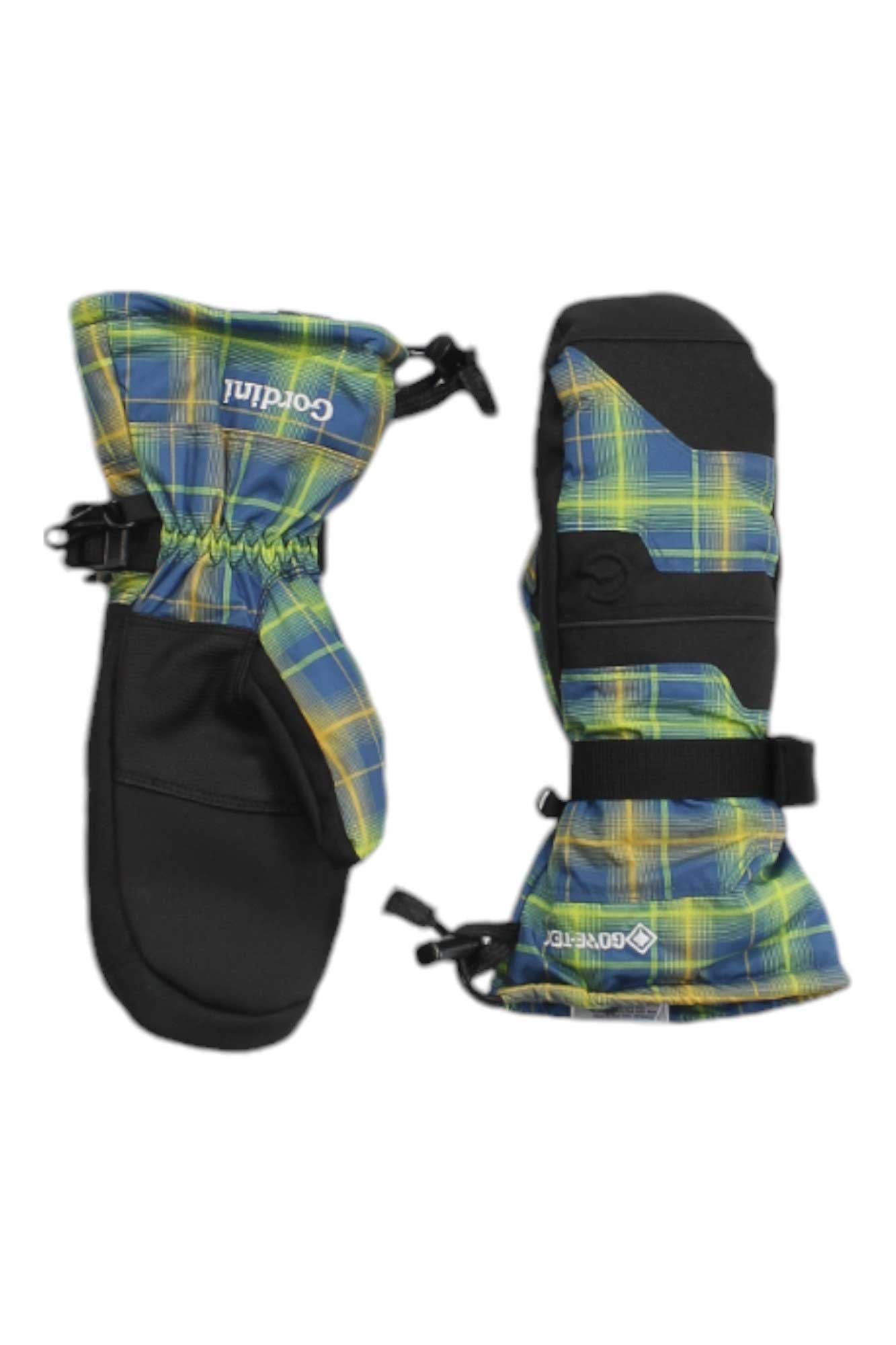 The Gordini Juniors GTX IV Mitt features black palms and cuffs with a blue, green, and yellow plaid top—perfect for keeping hands warm and dry all season.