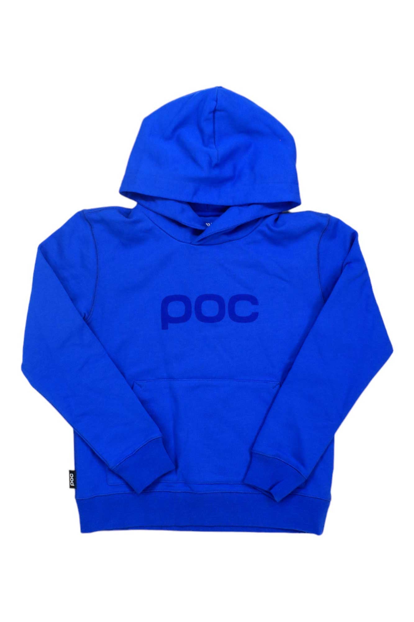 A vibrant blue POC Sports Juniors Hood features a relaxed fit, long sleeves, and a front pocket. The matching blue "poc" logo is on the chest. This kids' cotton hoodie is displayed flat against a white background.
