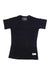 The Artilect Women's Boulder 125 Tee, a black short-sleeve athletic hiking t-shirt, is laid flat on a white background with a small rectangular white label near the bottom hem.