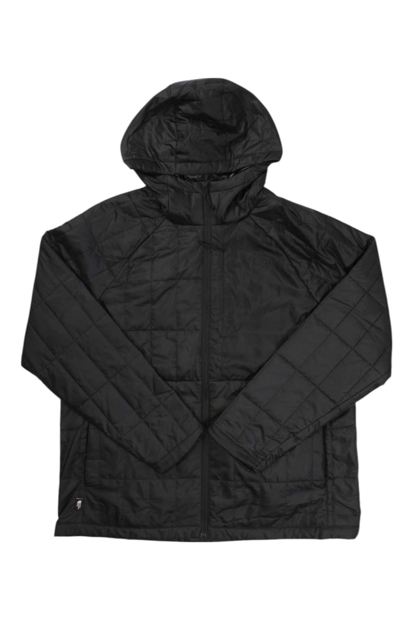 A black The North Face Womens Circaloft Hoodie, featuring quilted insulation, a front zipper, and long sleeves, is laid flat on a white background.