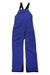 The Outdoor Research Womens Skytour AscentShell Bib Pant features bright blue waterproof fabric, black shoulder straps, a chest zipper pocket, two thigh pockets, and reinforced inner ankle patches. Displayed flat on a white background. Ideal for women's outdoor adventures.