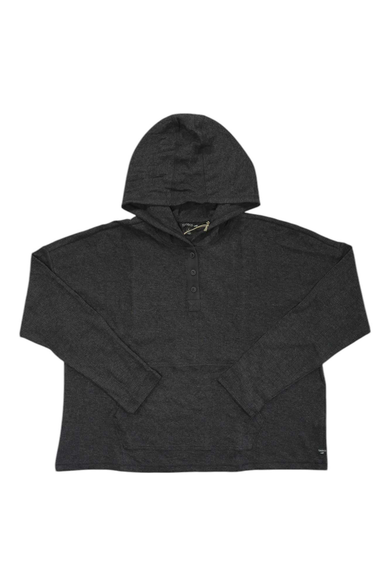 A Toad & Co Womens Foothill Pointelle LS Hoodie in dark gray, featuring breathable moisture-wicking fabric, long sleeves, a front pocket, and three buttons below the neckline is laid flat on a white background.