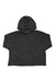 A Toad & Co Womens Foothill Pointelle LS Hoodie in dark gray, featuring breathable moisture-wicking fabric, long sleeves, a front pocket, and three buttons below the neckline is laid flat on a white background.