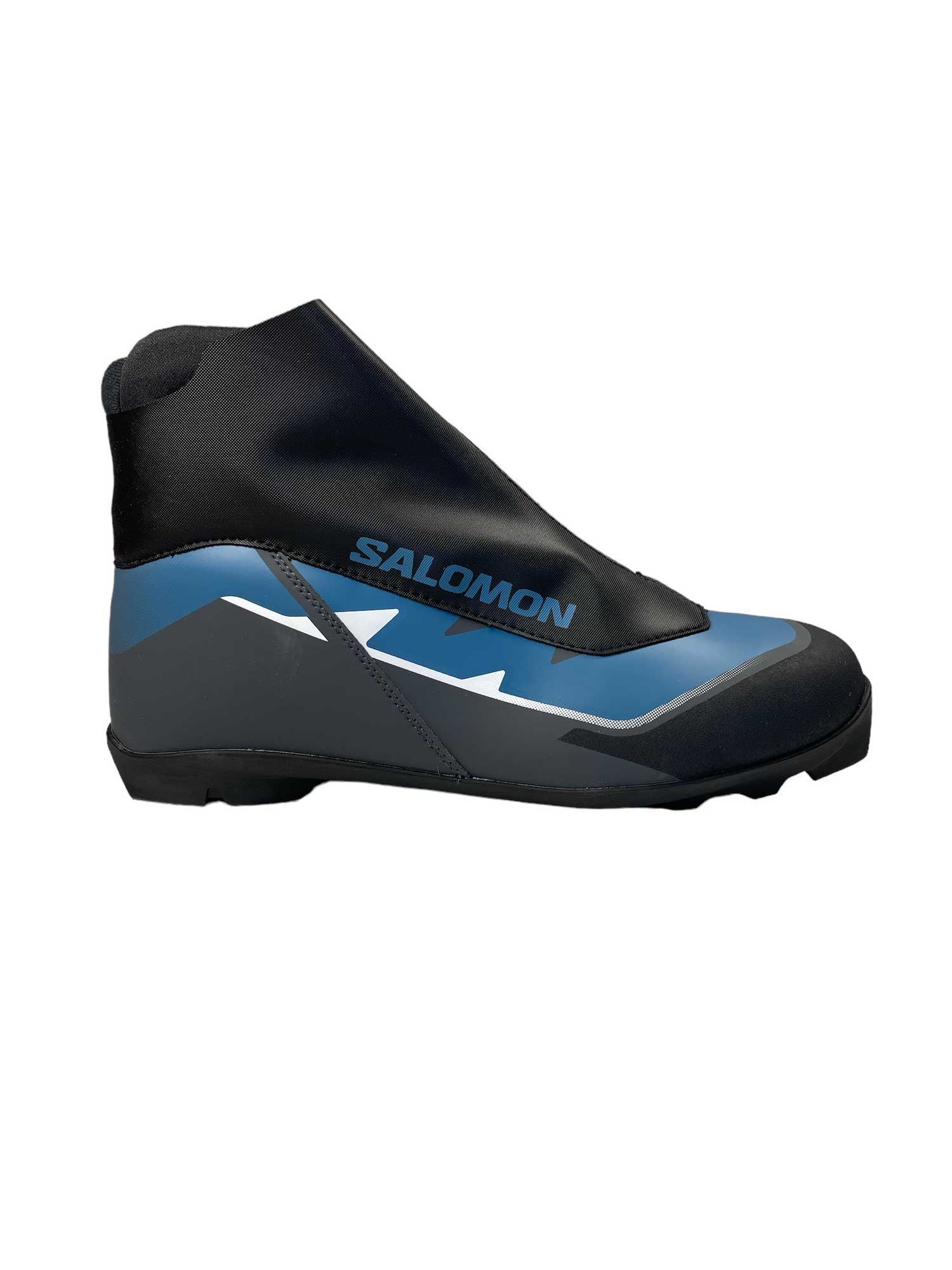 Salomon men's escape ski boot, black upper with blue stripe and treaded sole, side view