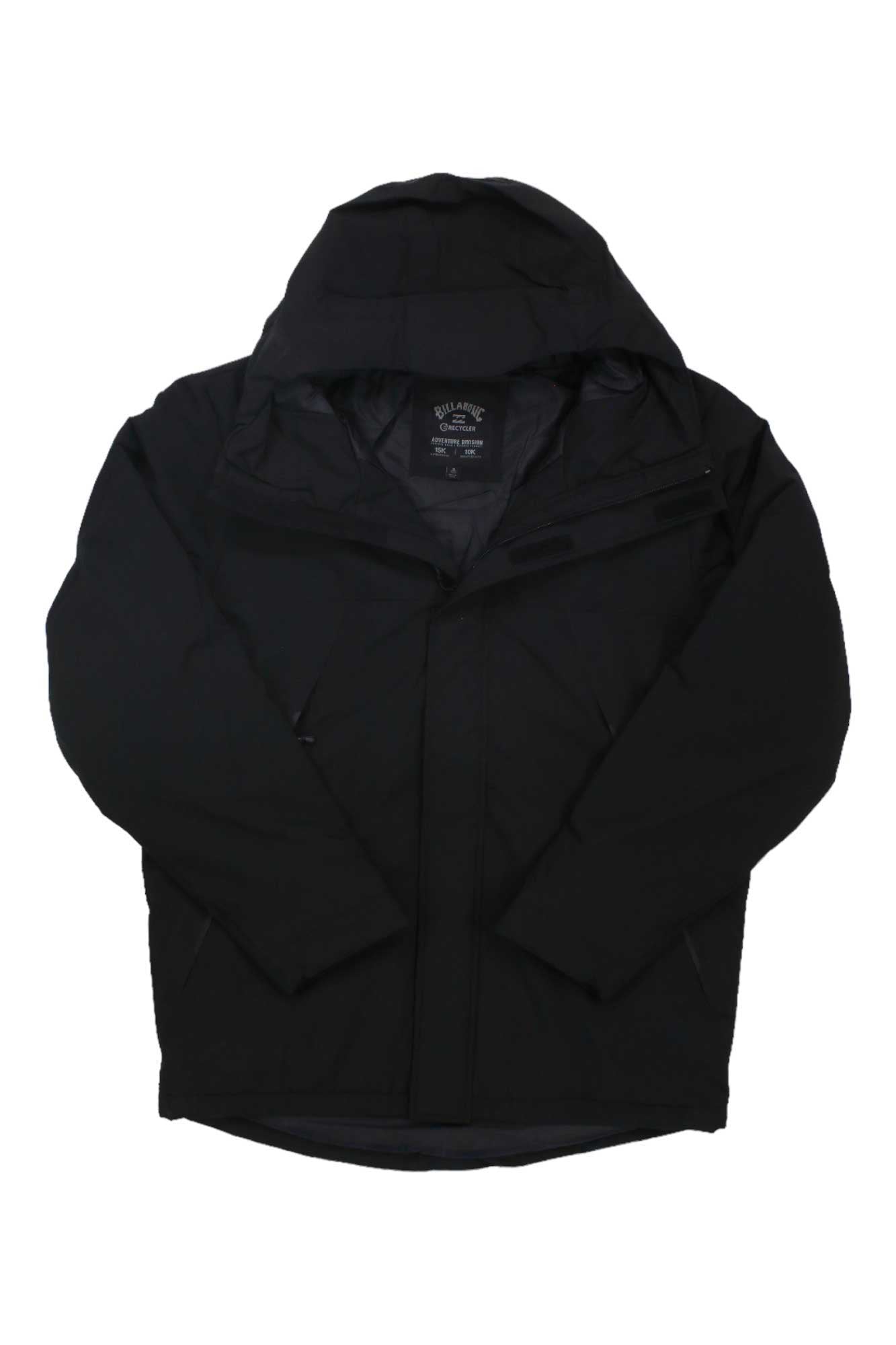 The Billabong Mens Expedition Jacket in black, laid flat on a white background, features long sleeves, a front zipper, high collar, two side pockets, and water-repellent fabric—ideal for travel and adventure.