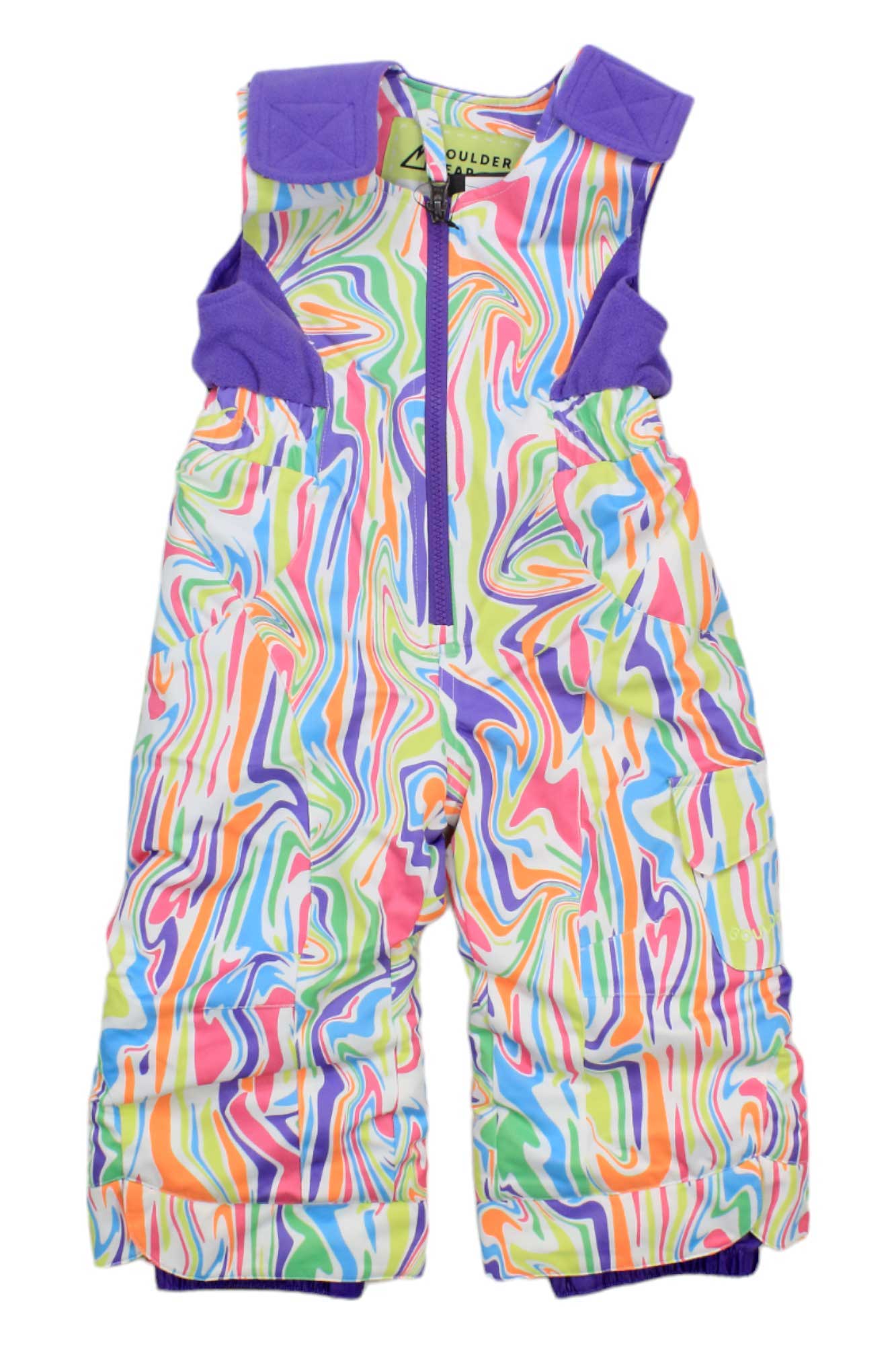 The Boulder Gear Hailey Bib Snow Pants for toddlers/kids feature a vibrant wavy multicolor pattern, waterproof insulation, shoulder straps, a front zipper, and purple accents at the shoulders and sides.