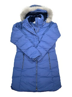 Women's Crystal Caves mid jacket, blue puffer with fur-trimmed hood and front zipper