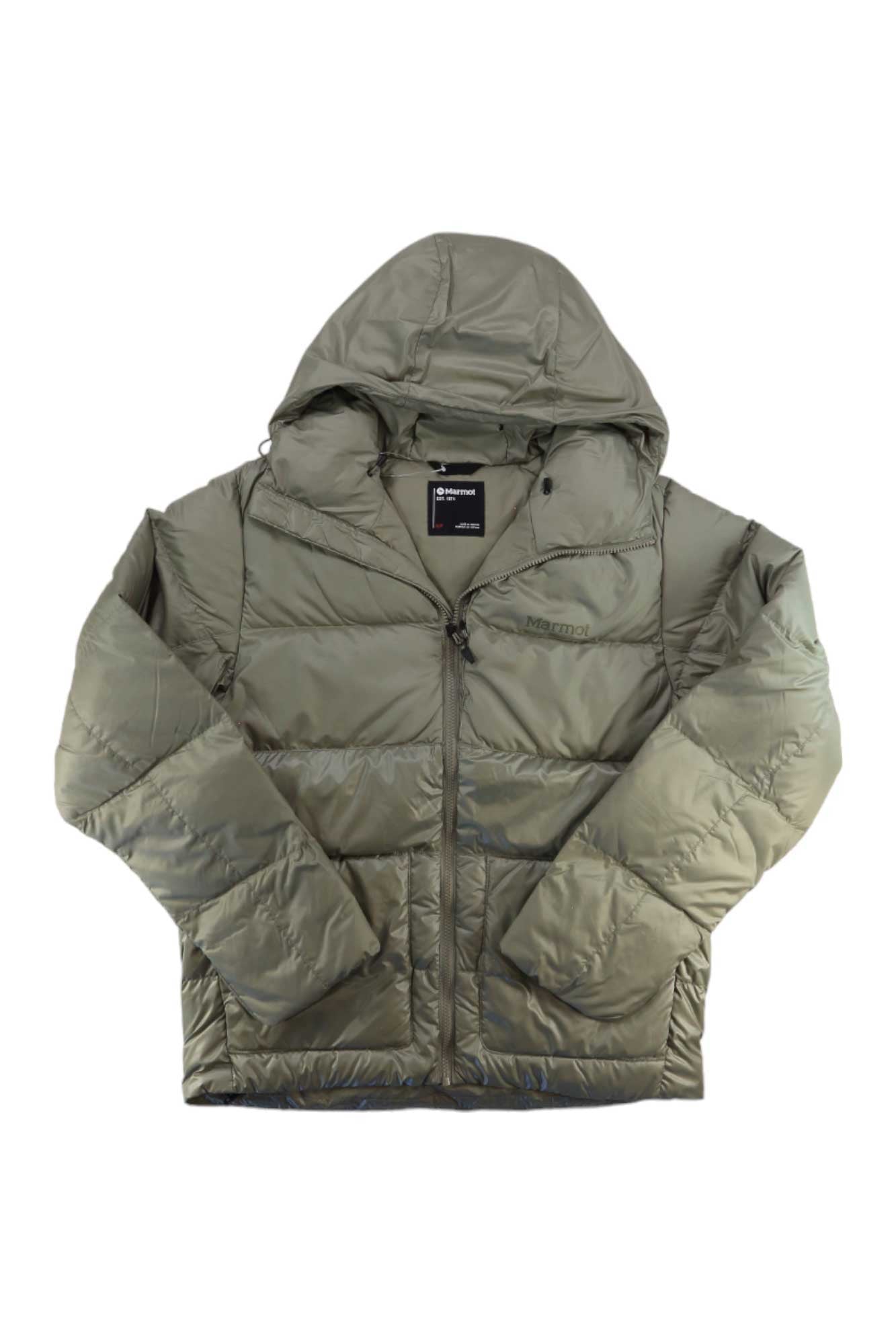 The Marmot Mens Guides Down Hoody in light olive green features 700 fill down, a hood, front zipper, and two side pockets, shown flat on a white background.