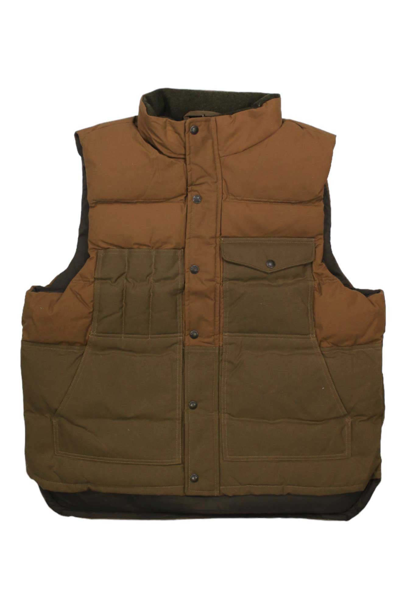 Filson men's down cruiser vest in dark tan with chest pocket flap and button front
