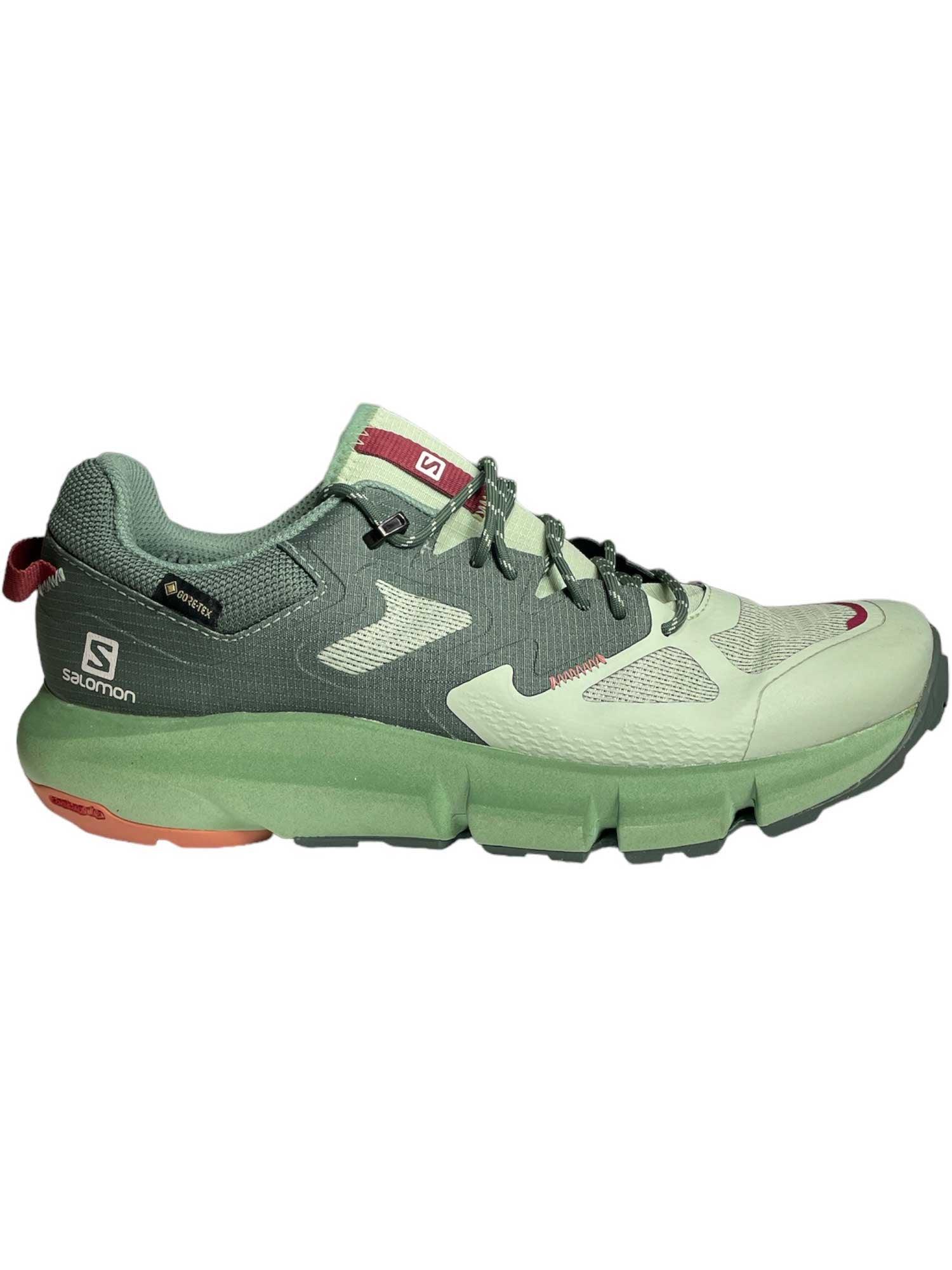 Salomon women's hiking GTX shoe, sage green with light toe cap and red logo patch