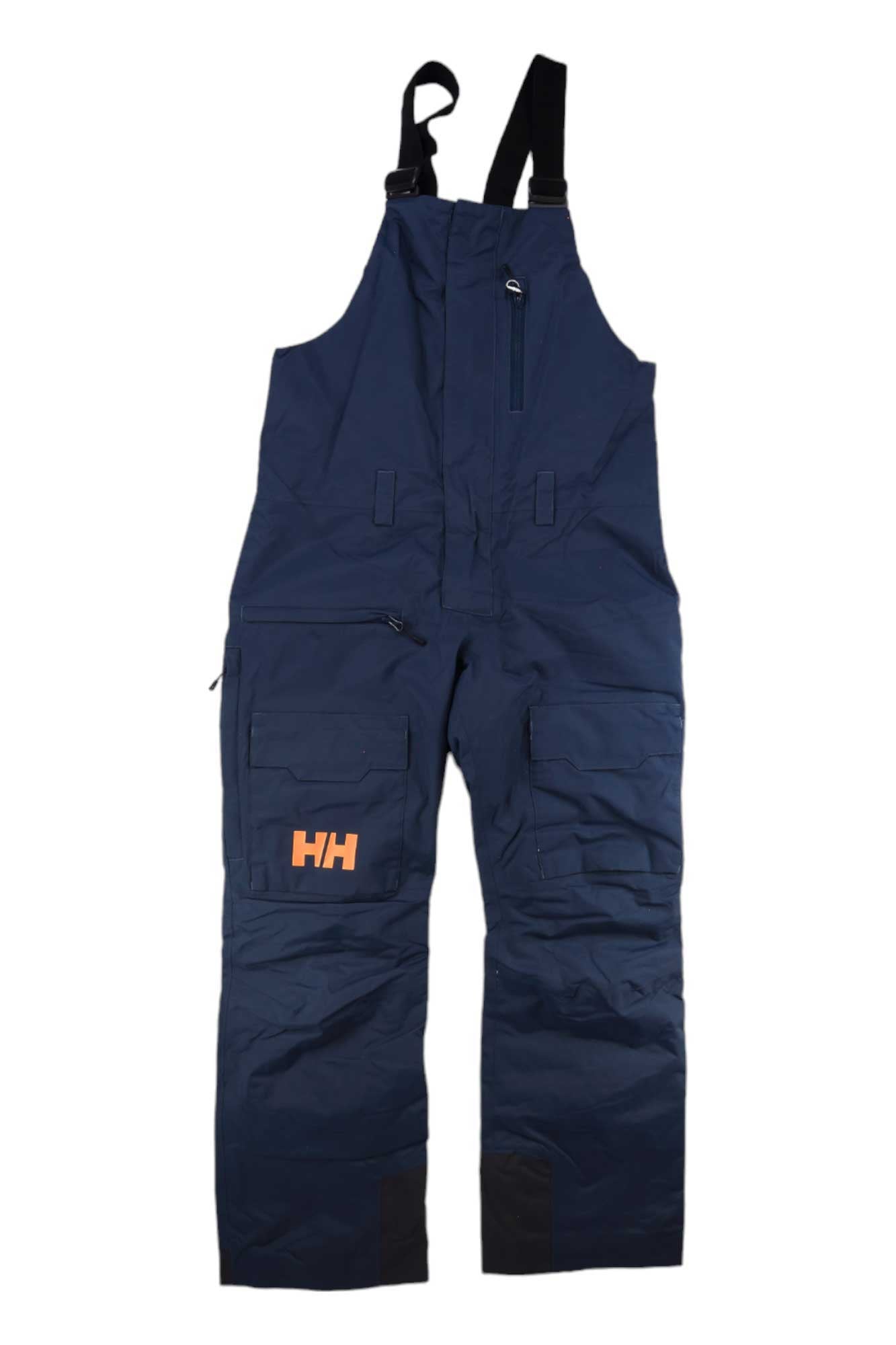 The Helly Hansen Mens Sogn Bib Cargo Pant features navy blue fabric, adjustable shoulder straps, multiple zippered and flap pockets, plus a small orange HH logo—ideal insulated bib overalls for men's outdoor ski adventures.