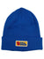 The Fjallraven Vardag Classic Beanie is a bright blue knit hat with a folded brim and a rectangular yellow patch featuring the Fjällräven logo in red and blue on the front.