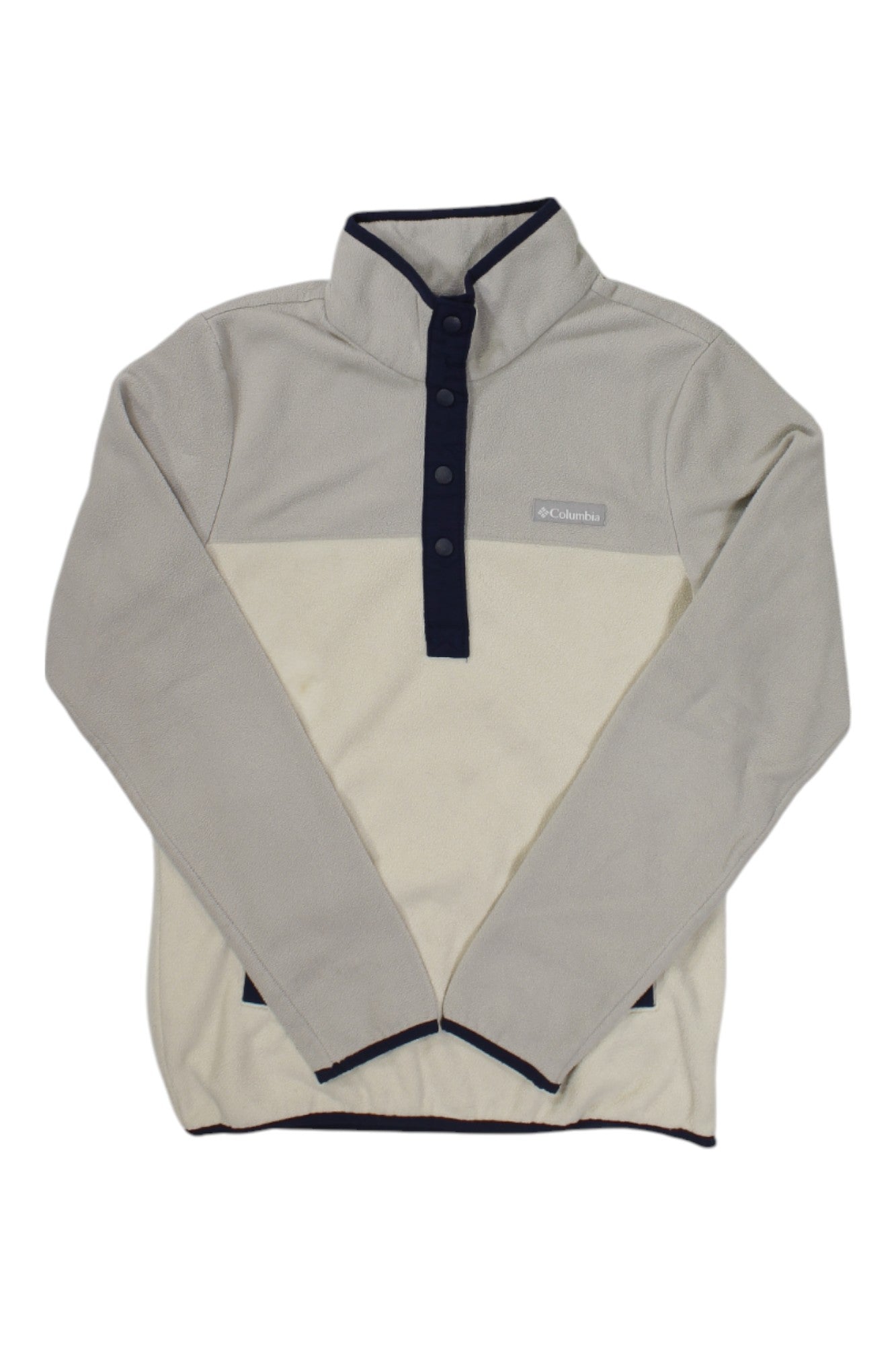 The Columbia Women's Foster Creek Pullover is a beige fleece with a high collar, dark trim, dark buttons, and the Columbia logo on the left chest. This breathable outdoor pullover offers stylish detailing and versatile comfort.