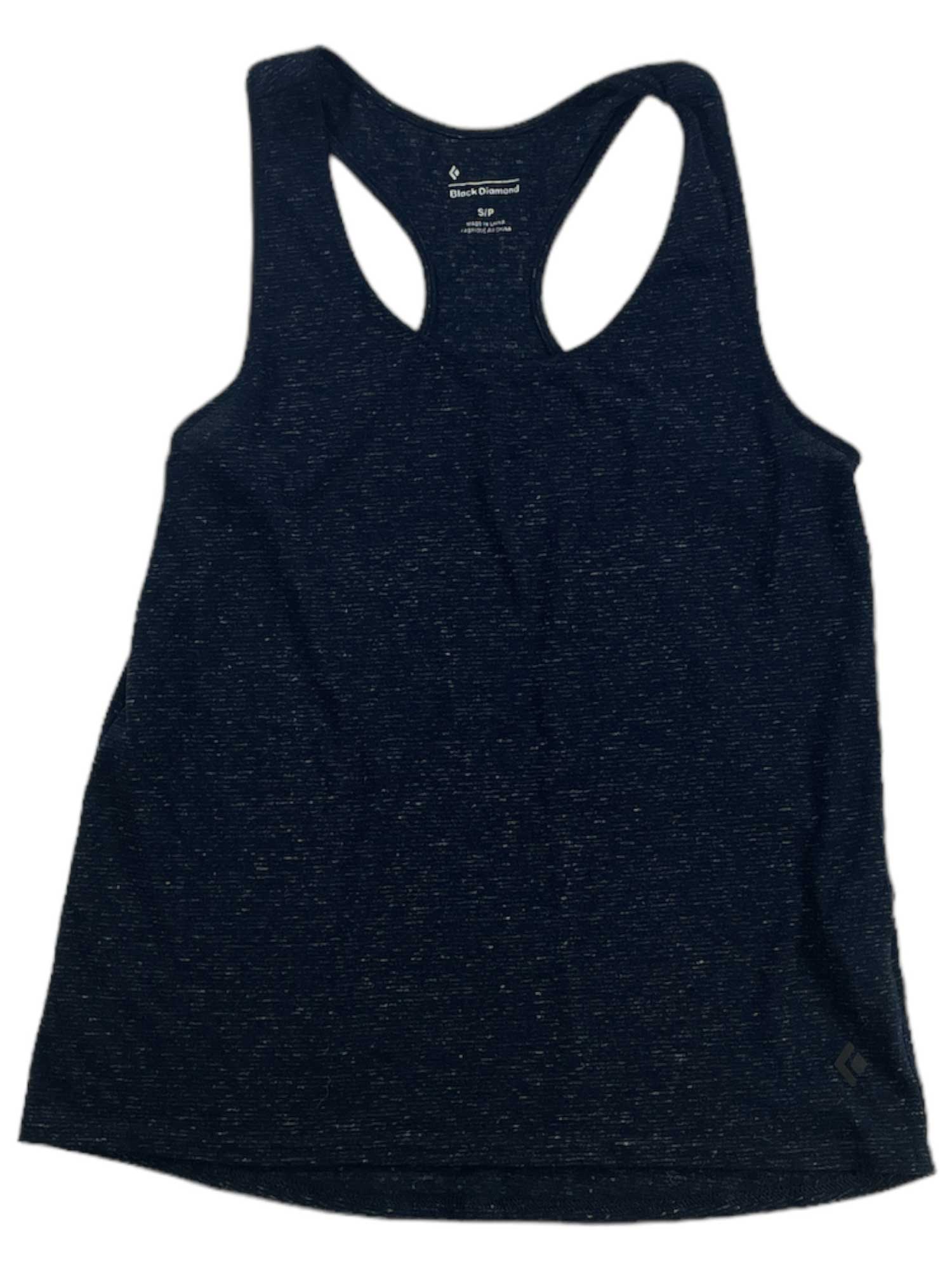 The Womens Flow Tank is a sleeveless, dark gym top with a racerback design, shown laid flat on a white background.