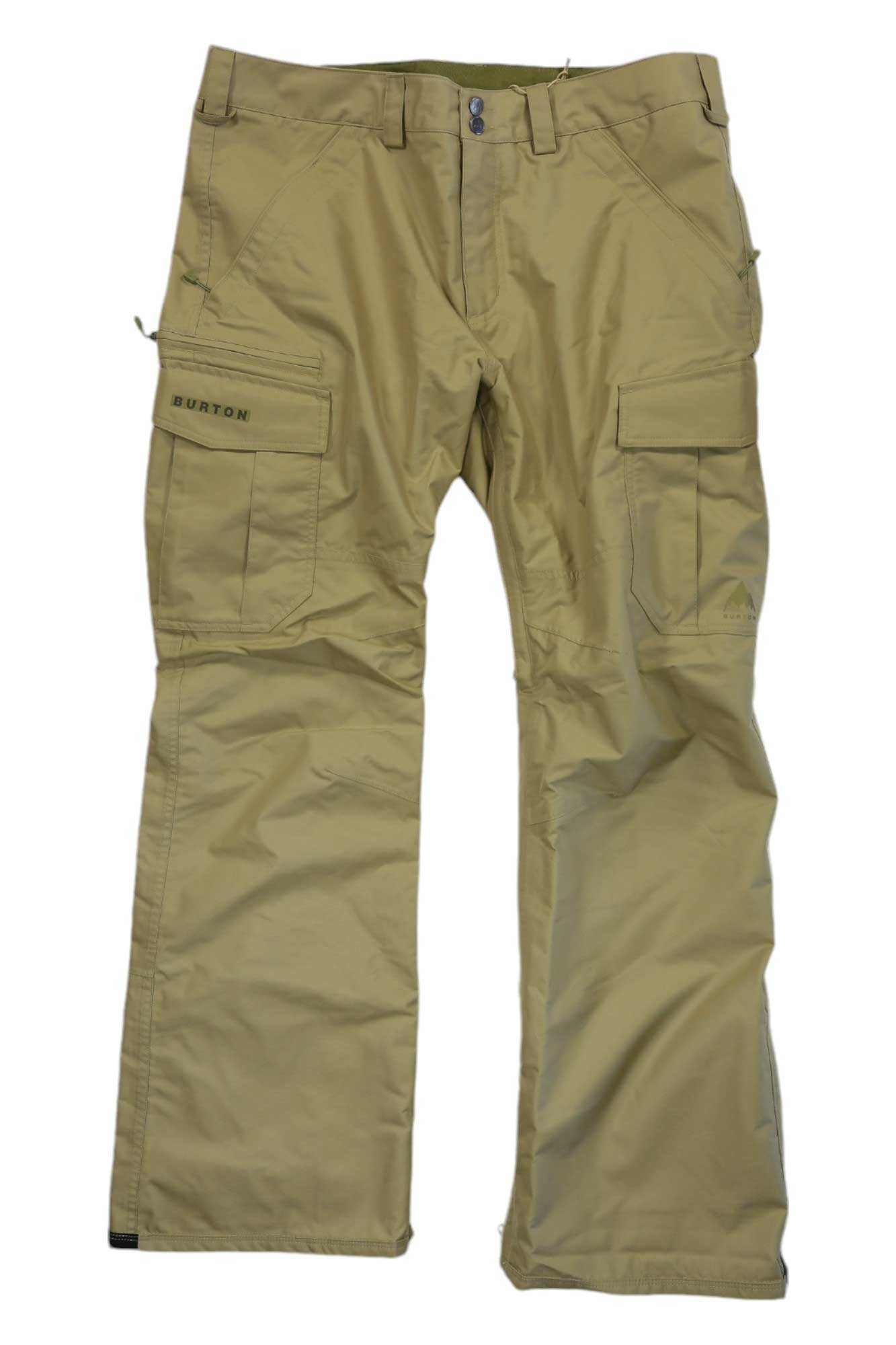 The Burton Mens Cargo Pant, in khaki, features multiple pockets (including large side ones), a zipper fly, waterproof fabric, belt loops, and displays the Burton logo above the left pocket.
